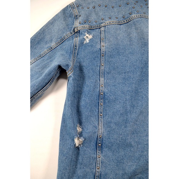 FREE PEOPLE Studded Original Denim Jean Distressed B/F Trucker Jacket Womens S‎ - Picture 14 of 16